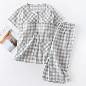 

Plaid Printed Short-sleeved Cropped Trousers Women's Pajamas Suit Summer Female Cotton Sleeping Clothes Woman Pajamas