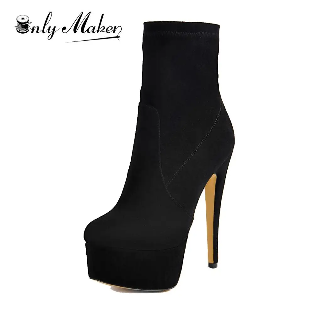 

Onlymaker Ankle Boots Lycra Stretch Platform Stiletto High Heel Black Booties Zipper Woman Plus Size Shoes