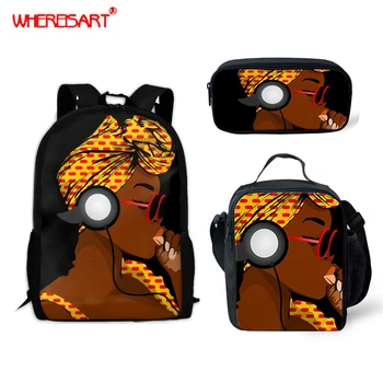 

WHEREISART Afro Black Girls Prints School Bag Sets for Teen Girls Preppy Kids Bags Children Schoolbags 2019 African Bookbags