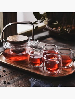 

Thickened glass kungfu teapot Japanese transparent tea pot cup household flower tea afternoon tea set wooden tray teaware