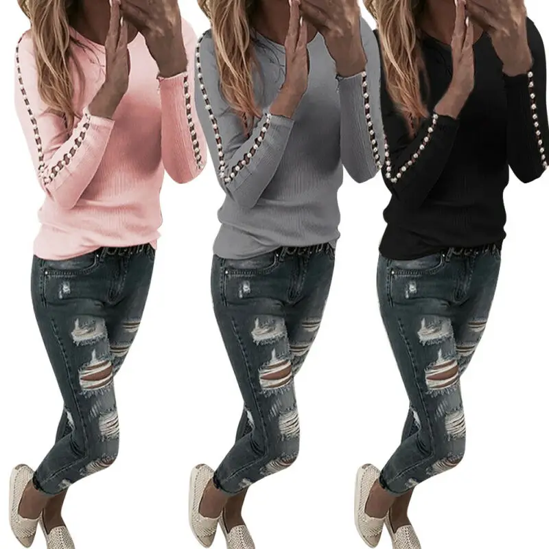 

Women Blouse Autumn Pearl Ladies Shirt Tops Casual Long Sleeve Loose Tee Shirt Office Lady Top Womens Tops And Blouses
