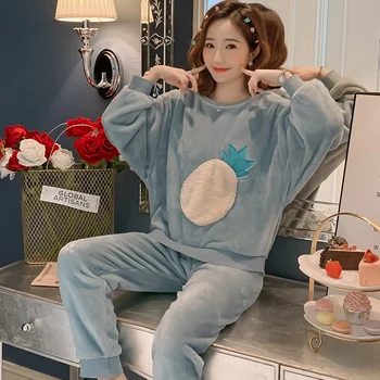 

2020 Winter Long Sleeve Thick Warm Flannel Pajama Sets for Women Coral Velvet Sleepwear Suit Pyjamas Femme Homewear Home Clothes