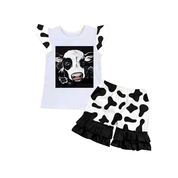 

Hot sale boutique fashion kids outfit flutter sleeve cow printed with milk print icing shorts