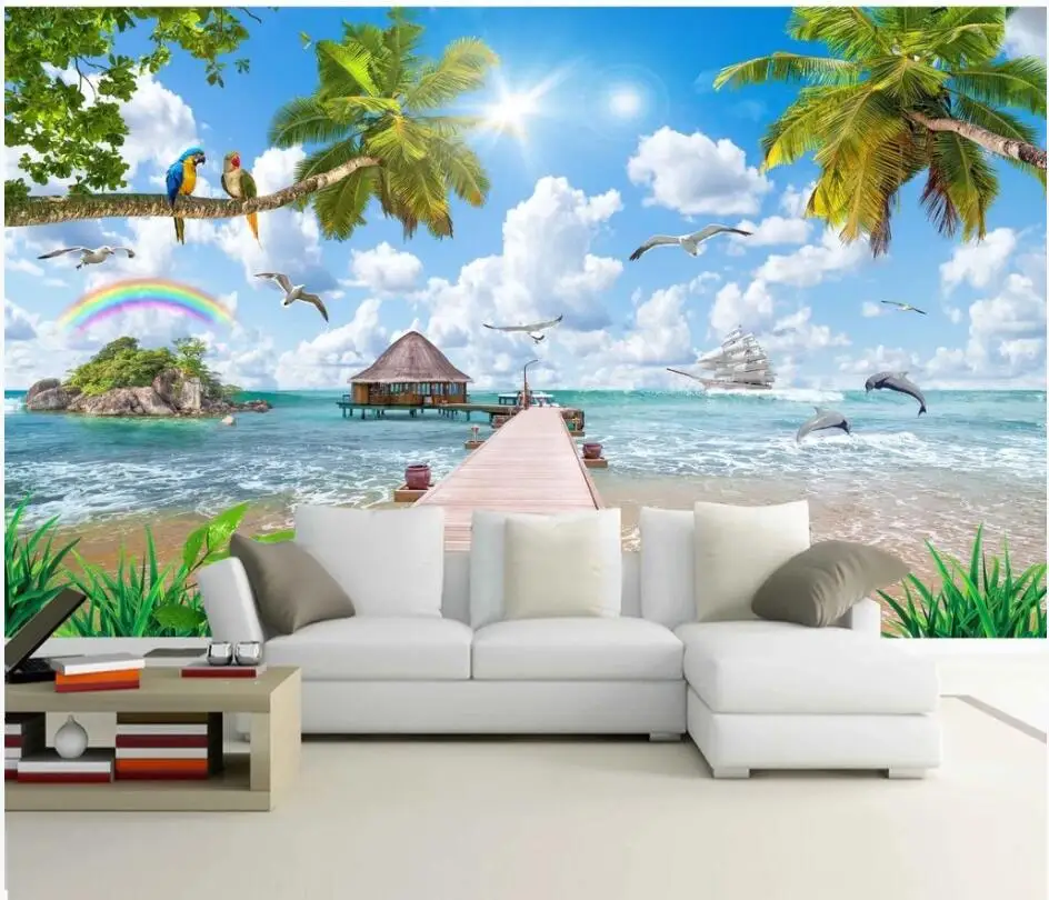 

WDBH custom mural 3d photo wallpaper Seaside wooden bridge landscape painting, coconut tree living room wallpaper for walls 3 d