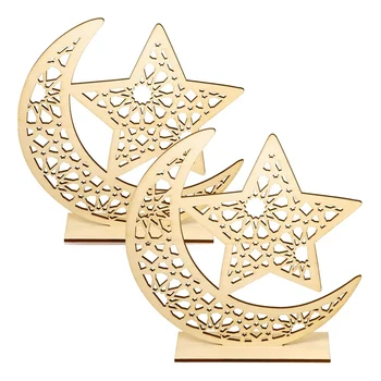 

2 Sets Eid Mubarak Wooden Ornament Ramadan Tabletop Decor Moon Star Hanging Pendant for Ramadan Mubarak Eid Decorations