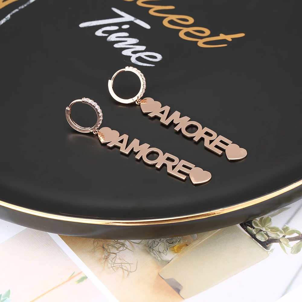 Серьги из розового золота и нержавеющей стали с надписью AMORE, прозрачные кубические серьги-кольца с цирконом для женщин, модные ювелирные изделия, вечерние, свадебные серьги
