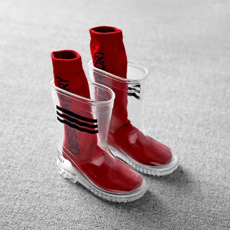 Непромокаемые сапоги для мальчиков и девочек; прозрачная непромокаемая обувь для детей; студенческий ребенок младшего возраста младенец; непромокаемые сапоги с носками; нескользящие - Цвет: 4 rainboot and socks