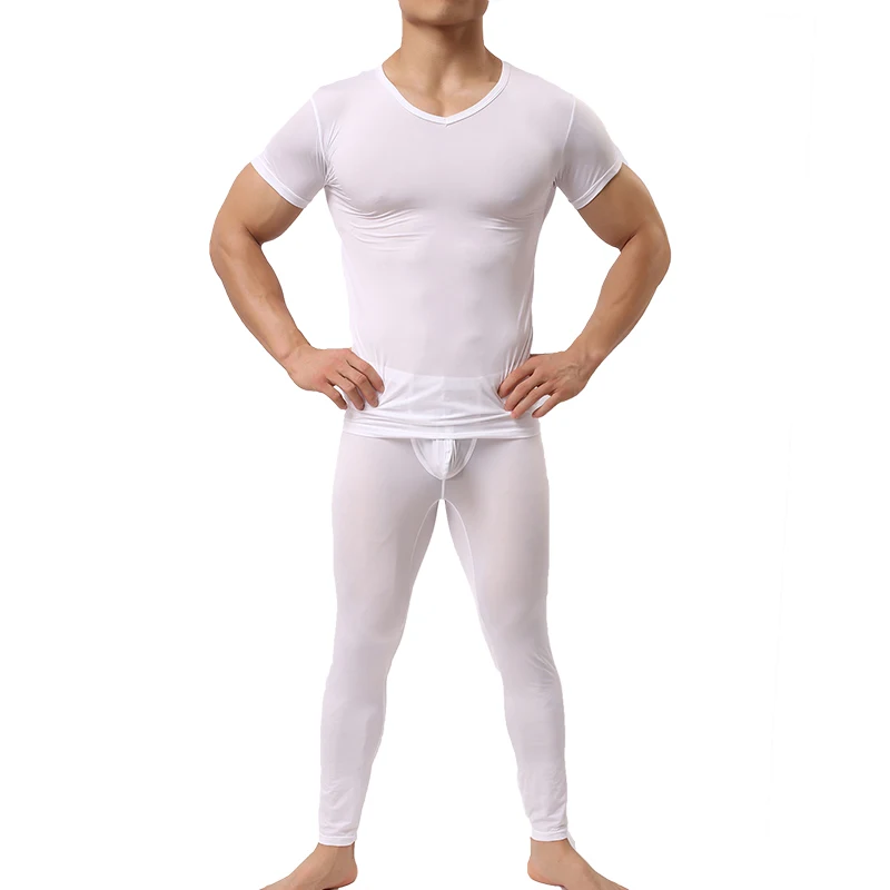 Men Undershirts Sets Ultra-thin Ice Silk Short Sleeve T Shirts Leggings Pants Transparent Tops Tee Trousers Underwear Sleepwear