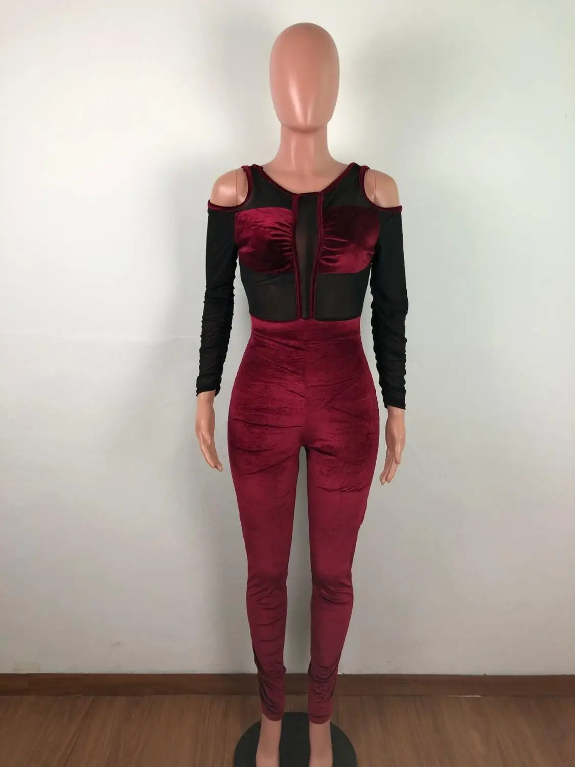 Adogirl Sheer Mesh Patchwork Velvet Jumpsuit Women Sexy Cold Shoulder Long Sleeve Skinny Romper Night Club Overalls Bodysuits