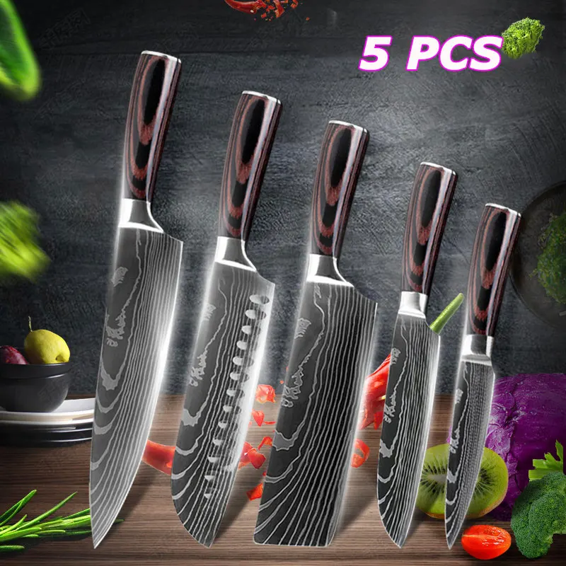 XYJ кухонные ножи шеф-повара, набор из высокоуглеродистой нержавеющей стали, дамасский лазерный узор, инструменты, острый нож santoku, нож для нарезки - Цвет: 5pcs set A