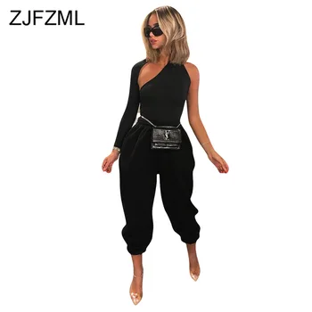 

Causal Sexy 2 Piece Outfits for Women Cut-Out One Shoulder Backless Black T Shirts and High Waist Harem Pants Winter Autumn Set