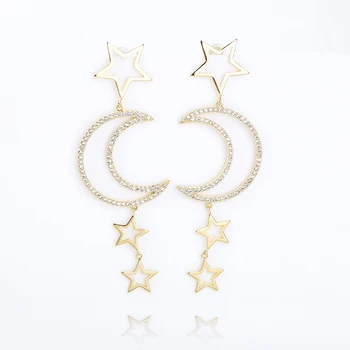 

Shining Clear Zirconia Star& Moon Dangle Earrings Lady's Fashion Jewelry Long Drop Earrings VERY GIRL