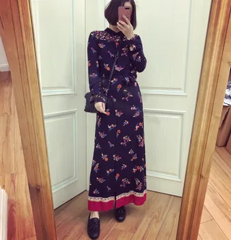 

Robe Baya printing floral turn down collar vintage autumn shirt maxi dress