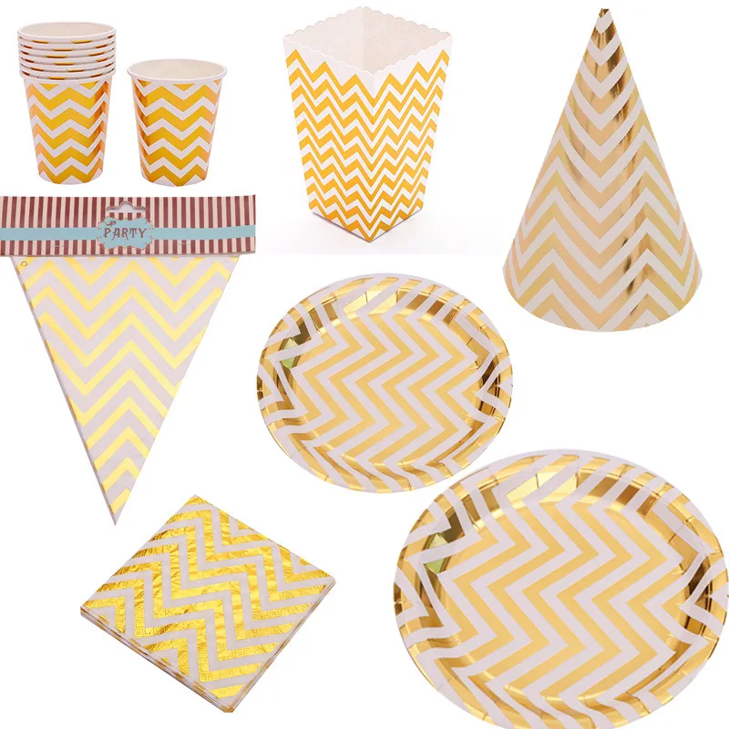 

happy Birthday party Supplies new year party disposable tableware gold striped paper cup paper tray supplies Tableware deco