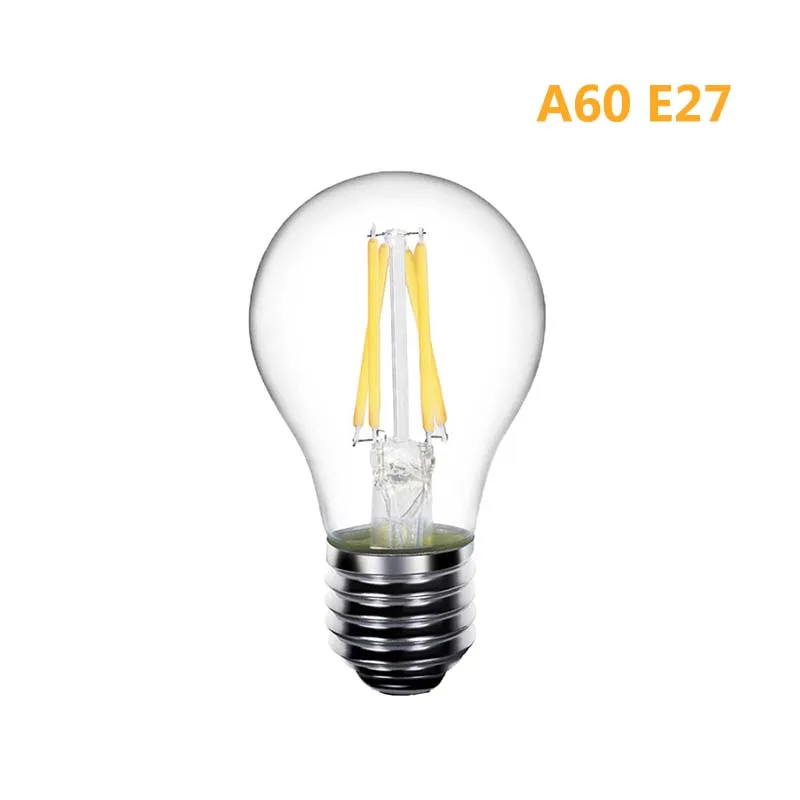 E14 E27 светодиодный Лампа накаливания Эдисона 2W 4W 6W 8W без затемнения Ретро Винтаж диод C35 C35L G45 A60 ST64 AC 220V Стекло нити - Испускаемый цвет: A60 E27