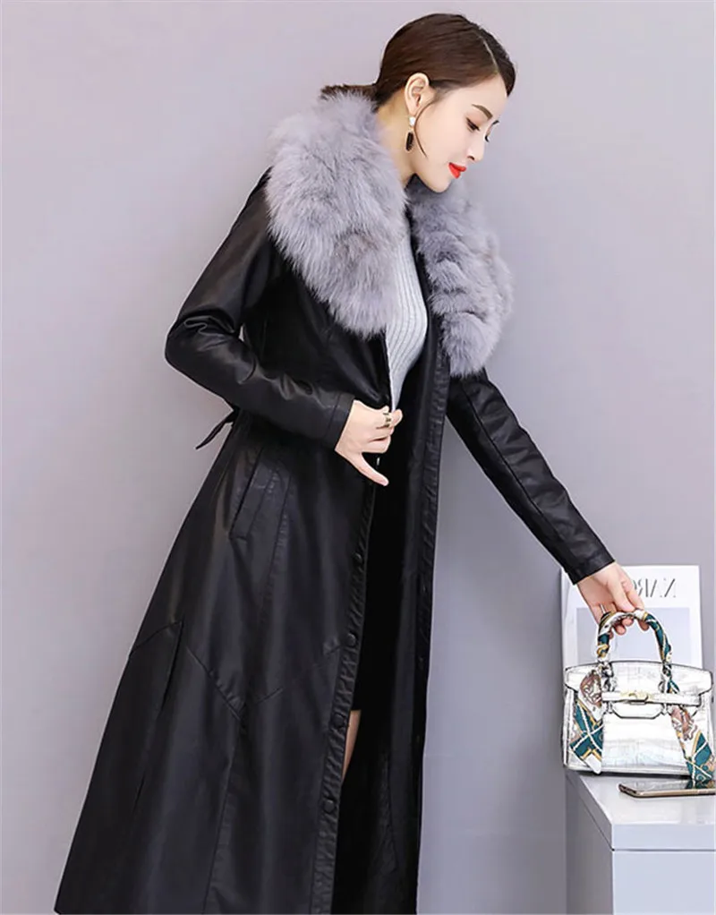 2019 Новый высокое качество большой меховой воротник длинное кожаное пальто женское зимнее модное завязкой на талии, новинка теплая дутая