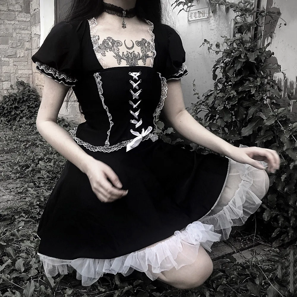 

Rosetic Vintage Gothic Lolita Dress Women Designer Lace Mesh Patchwork Designer Brand Black Short Dresses 2020 High Quality