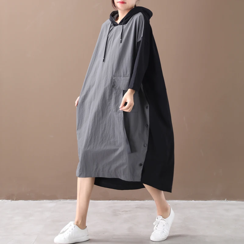 

Autumn Dress Women Large size Loose Retro Casual Dress 2019 New Hooded Drawstring Spliced pocket Ladies All-match Dress