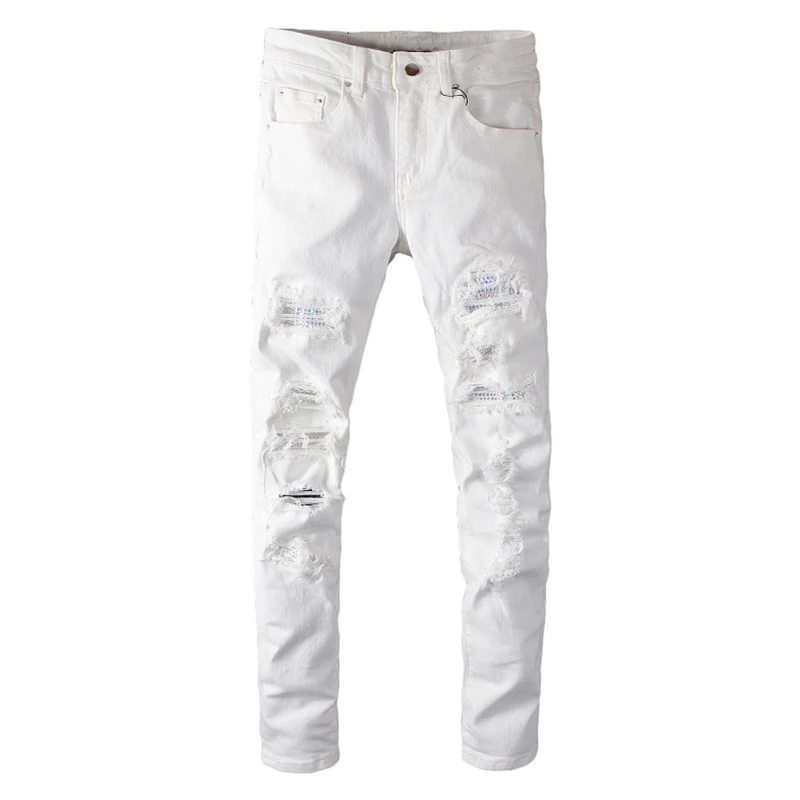 Sokotoo Men's white crystal holes ripped jeans Fashion slim skinny rhinestone stretch denim pants Sokotoo Men's white crystal holes ripped jeans Fashion slim skinny rhinestone stretch denim pants