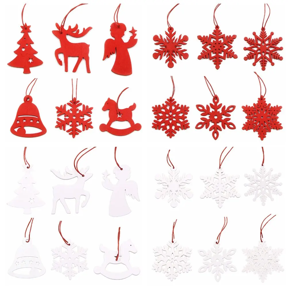 6pcs/bag Wooden Christmas Snowflake Christmas Tree Ornaments Red White Christmas Snowflake Hangings with Lanyard