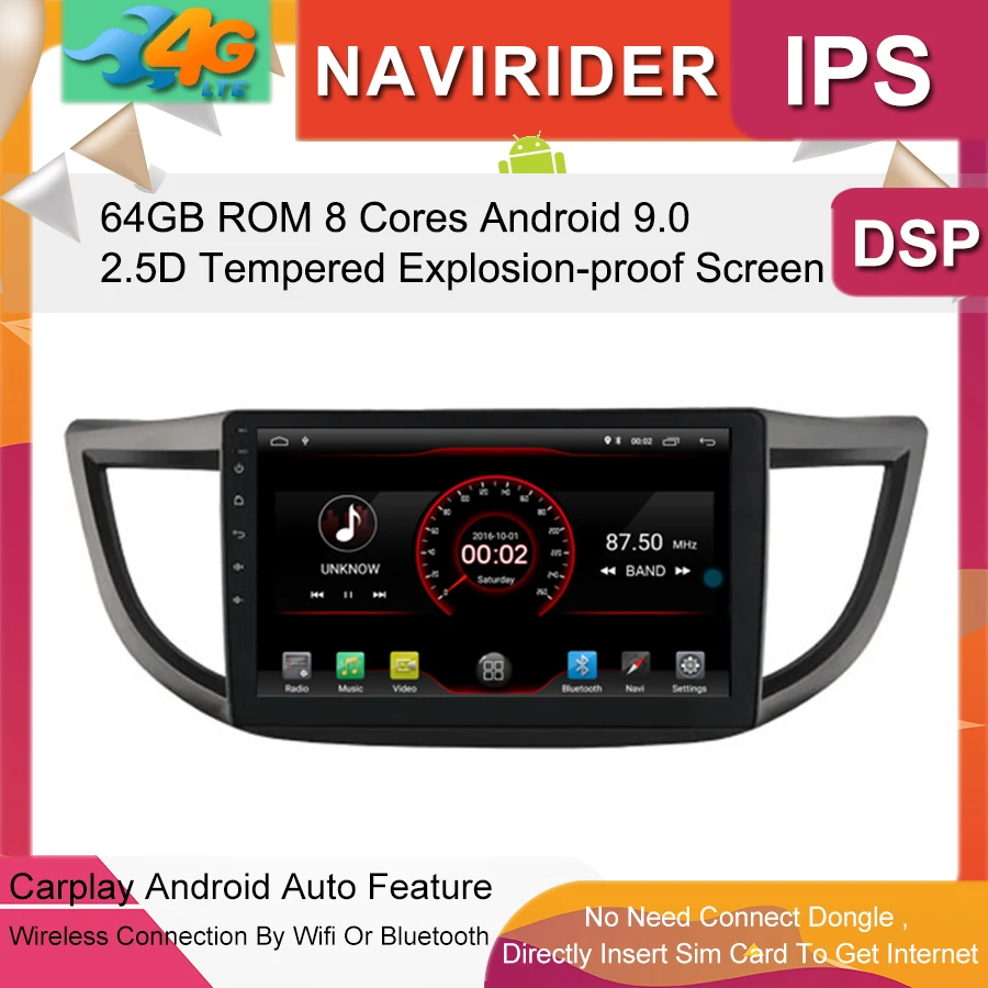 Автомобильный мультимедийный плеер 10,2 дюймов ips экран монитор gps магнитофон Bluetooth Android 9,0 для HONDA CRV 2012 Авто Аудио
