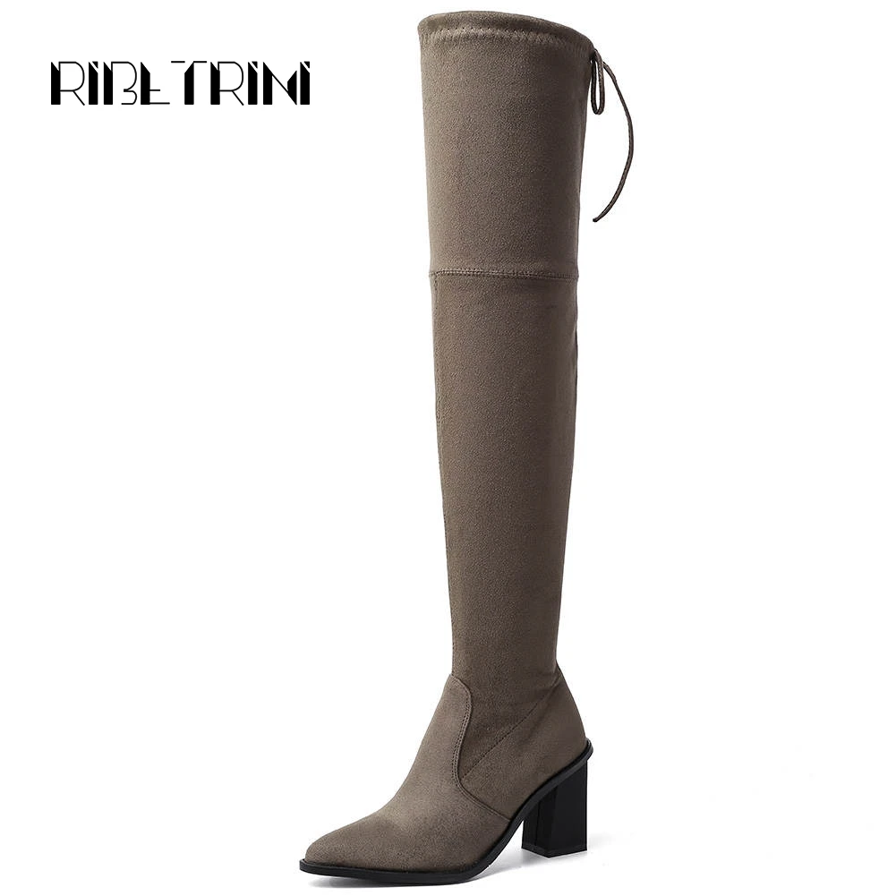 

RIBETRINI Stretch Over Knee High Boots Vintage Block High Heels Pointed Toe Shoes Woman Slim Flock Boots Big Size 34-43
