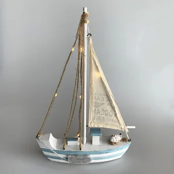 

1PC Wooden Sailboat with LED Adornment Mediterranean Style Sailing Boat Model Craft Home Room Decoration (Without Battery)
