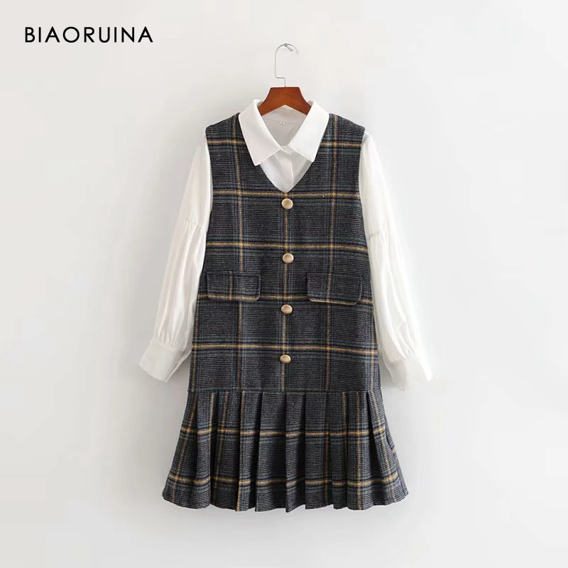 

BIAORUINA Women's Preppy Style Casual Two Pieces Set Single Breasted White All-match Shirt + Sleeveless Pleated Fashion Dress