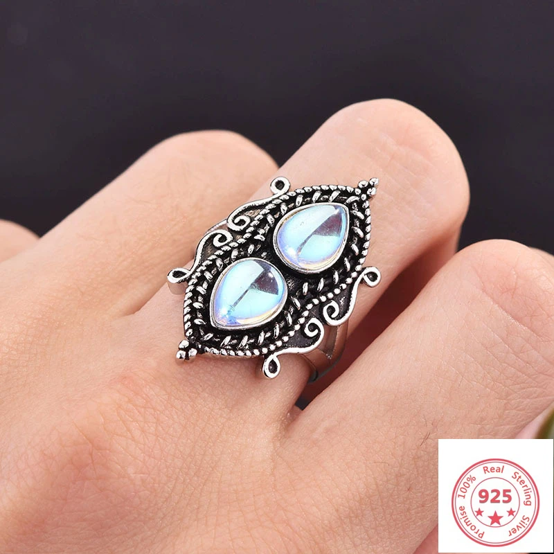 

Solid S925 Sterling Sliver Pear-shaped Moonstone Ring for Women Anillos Gemstone Bague Etoile Diamond Moon Topaz Diamond Rings