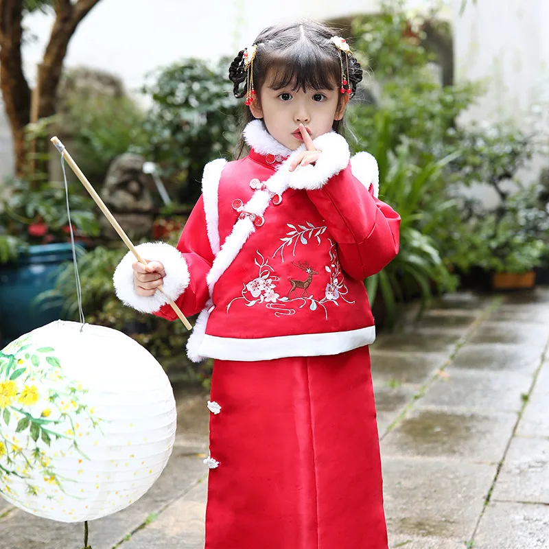 

2PCS Girls Winter Dress Chinese Style Toddler Thick Cotton Coat Kids New Year Cheongsam Children Long Sleeve Clothes With Cloak