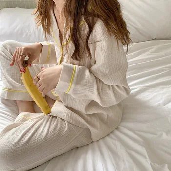 

Women's Double Yarn Cotton Pajamas Women's 2020 Spring and Autumn Long Sleeve Cardigan Home Wear Two Piece Suit