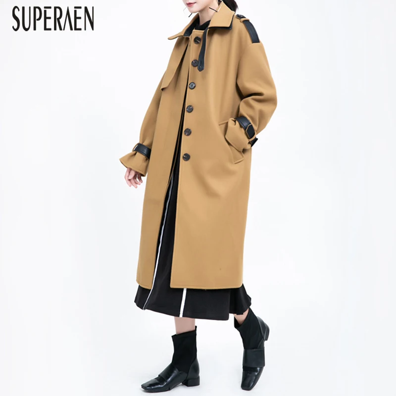 SuperAen, Осеннее и зимнее новое шерстяное пальто для женщин, Европейское кожаное стеганое шерстяное пальто, однобортное, женская одежда