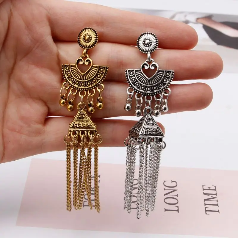 

Antique Ethnic Gypsy Tribal Indian Oxidized Gold Tassel Jhumka Dangle Earrings DXAA