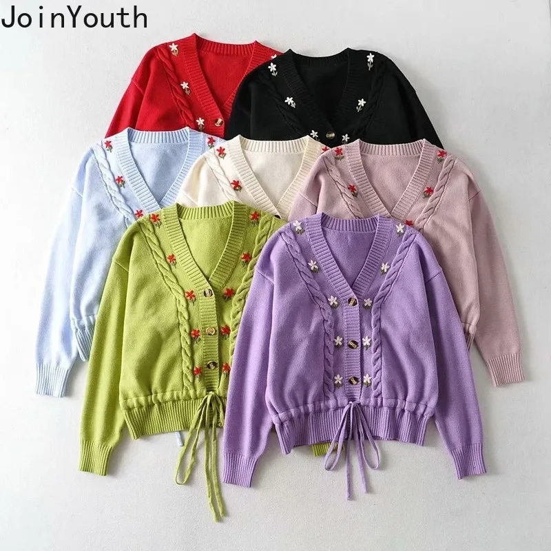 Joinyouth Fall 2020 Women Hook Floral Drawstring Slim Waist Weater Knitted Cardigan V-neck Long Sleeve Ladies Tops Sweater Coat |