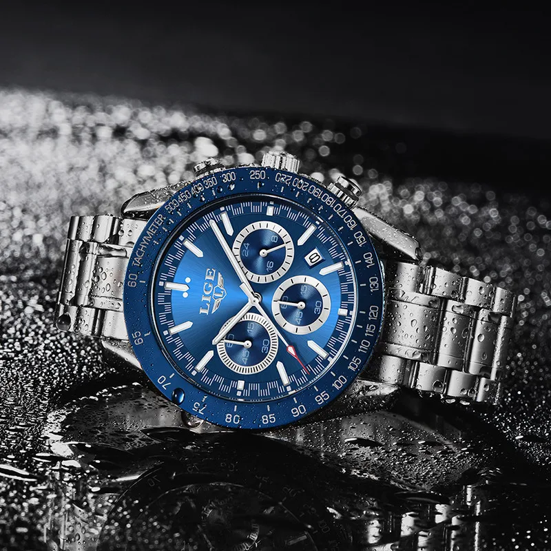 LIGE Men Watches Fashion Blue Stainless Steel Waterproof Sports Watch Men Luxury Luminous Date 24 Hours Chronograph Quartz Clock 3