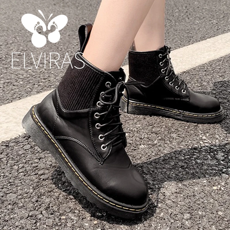 

ELVIRAS 2019Boots Women Leather Shoes For Winter Boots Shoes Woman Casual Spring Motorcycle boots Botas Mujer Female Ankle Boots