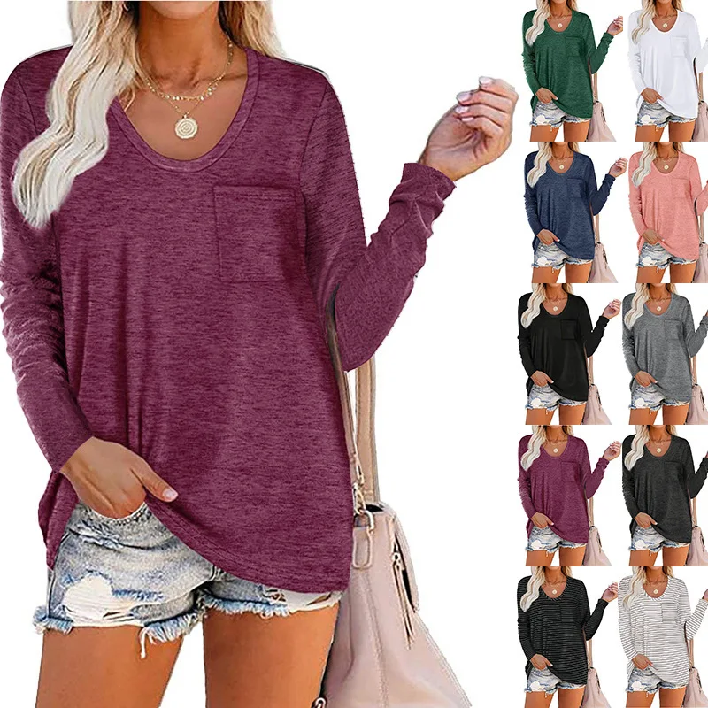 

2021 Autumn and Winter New round Neck Striped Pocket Casual Long Sleeve Loose Top T-shirt