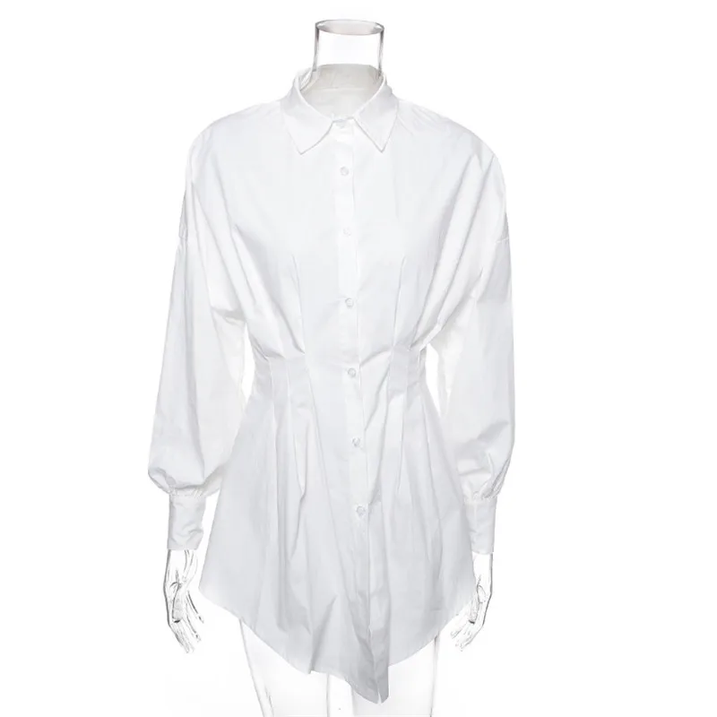 Модное белое мини-платье с рукавами-фонариками для женщин, Офисная Женская плиссированная блузка, платье-рубашка, Осеннее приталенное Элегантное короткое платье с высокой талией