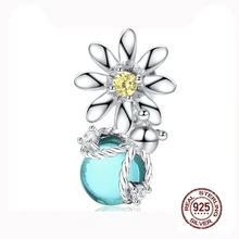 MOWIMO 925 Sterling Silver Flower Blue Glass Beads Charm Fit Original Pandora Bracelet Pendant Jewelry Making BKC1369