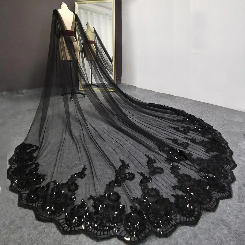 Customized Real Photos Black Long Wedding Boleros Bling Sequins Lace Cathedral Bridal Cape Bolero Mariage Shoulder Veil