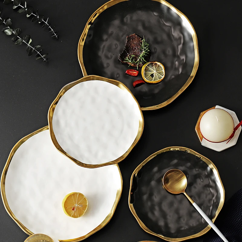 Керамическая тарелка Золотая инкрустация тарелки для закуски роскошный с золотой окантовкой тарелка столовая посуда подставка для кухни черный белый лоток набор посуды