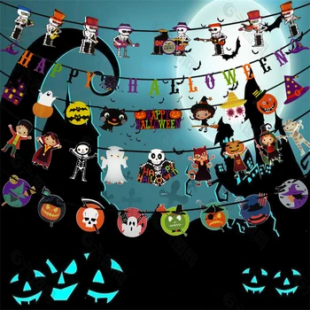 

Halloween Banner Pumpkin Smiley Ghost Pulling Flag Happy Halloween Party Scene Layout Triangle Flag Ghost Festival Decoration