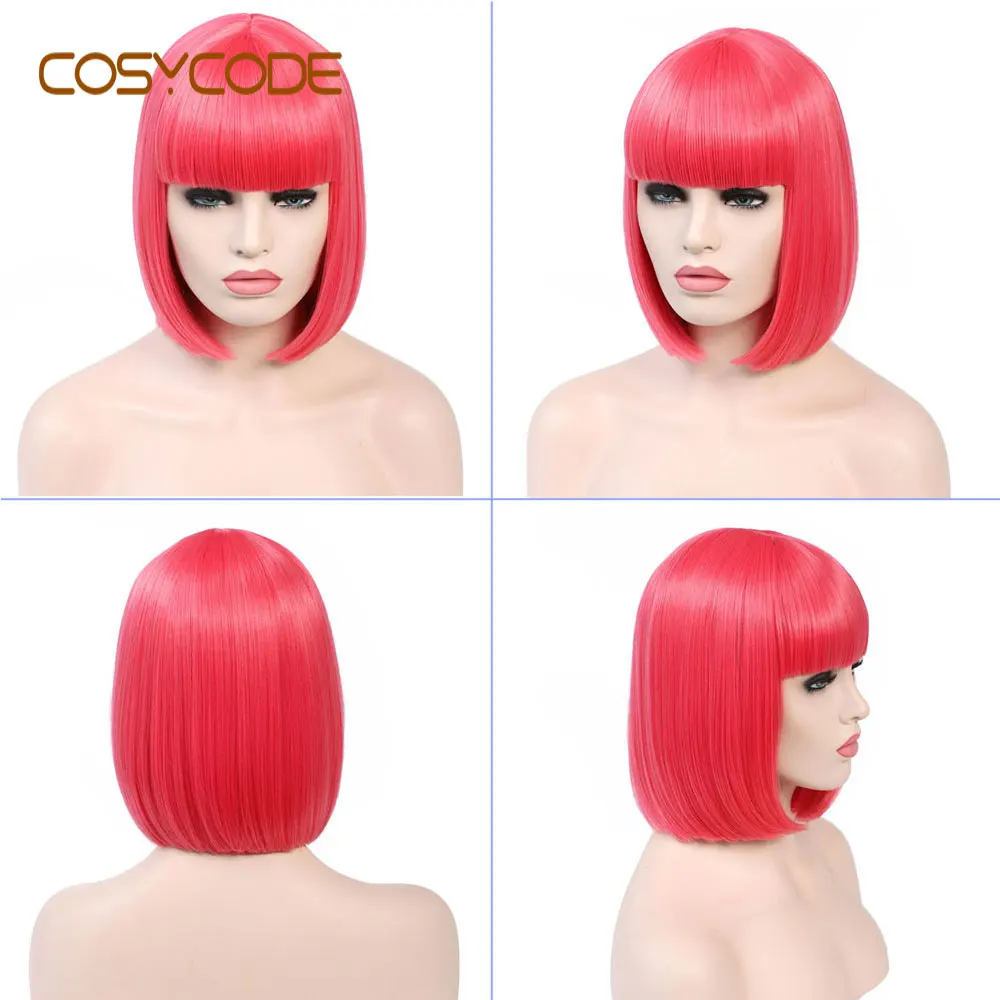 fashion pink COSYCODE 12 дюймов короткий черный боб парики с челкой прямые некружевные синтетические Косплей парики костюм 30 см - Цвет: fashion pink