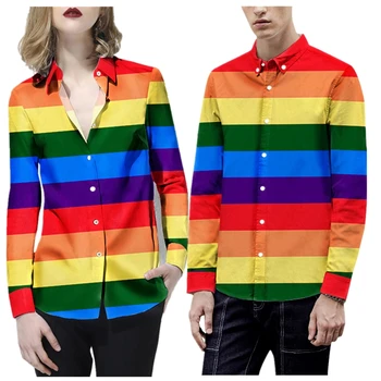 

Men's Shirts Europe Size 2019 New Rainbow Stripe Print Unisex Dress Shirts Loose Long Sleeve British Style Men's Shirt