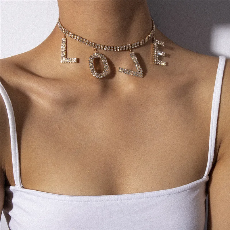 Панк Кристалл теннисная цепь ожерелье для женщин любовь ожерелье-ошейник с буквами хип-хоп Стразы кулон Золотое ожерелье s готическое ювелирное изделие