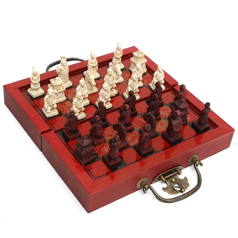 Китайский деревянный кожаный ящик с 32 шт. Терракотовая фигура шахматы набор развлечения шашки шахматы традиционные игры