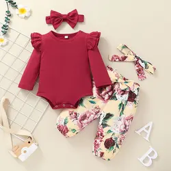 Ensemble de costume pour enfants, barboteuse à manches longues à col rond de couleur unie + pantalon imprimé Floral + bandeau pour tout petits 