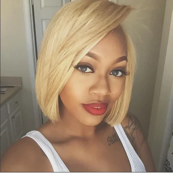 

Honey Blonde Short Bob Lace Front Human Hair Wig SOKU Brazilian Straight 4x4 Lace Closure Wig For Black Women PrePlucked Bob Wig