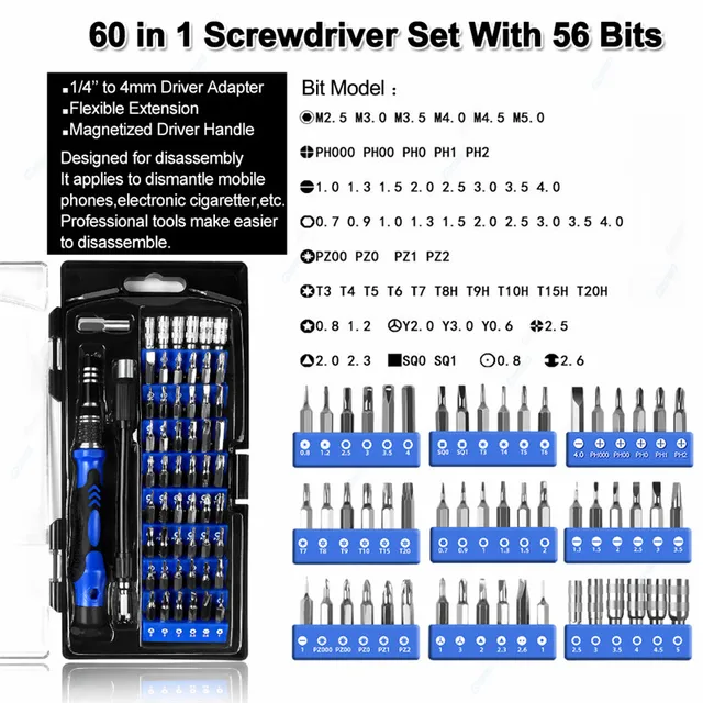 Set de destornilladores de precisión, 60 en 1 kit de conductor magnéticos  con 54 Bits, Professional Electronics – Kit de herramientas de reparación