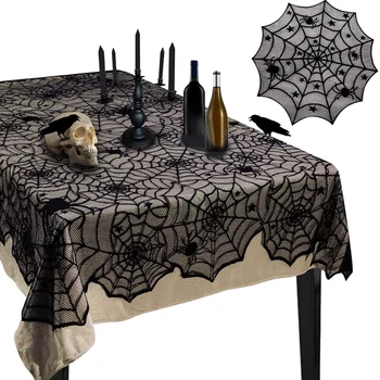 

2 Pcs Halloween Lace Spider Web Tablecloth,54 X72 Inch Rectangular & 42 Inch Round for Halloween Party Table Decor,Black